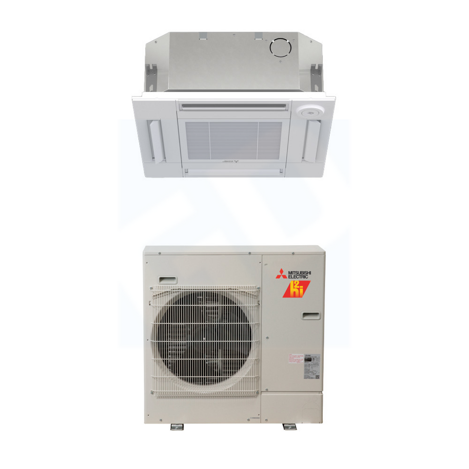 Mitsubishi SLZ-AF15NL & SUZ-AA15NLHZ 15,000 BTU 17 SEER2 Four-Way Ceiling Cassette Hyper-Heat System (w/ Standard Grille) - R454B