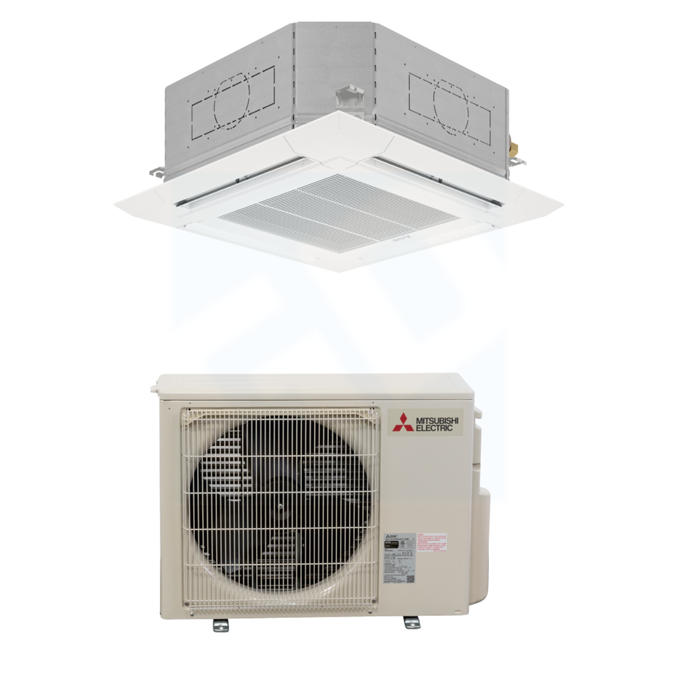 Mitsubishi PLA-AE12NL & PUZ-AK12NL 12,000 BTU 24.8 SEER2 Four-Way Ceiling Cassette Heat Pump System (w/ Grille) - R454B
