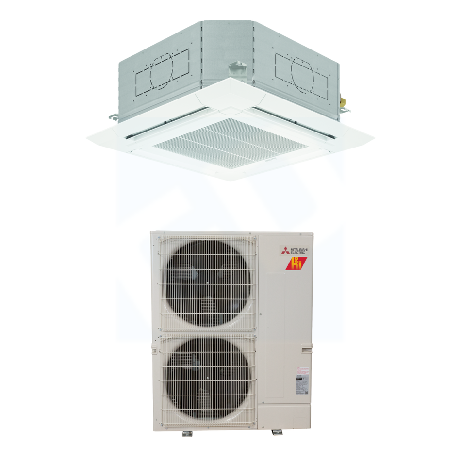 Mitsubishi PLA-AE48NL & PUZ-AK48NLHZ 48,000 BTU 20.1 SEER2 Four-Way Ceiling Cassette Hyper Heat Heat Pump System (w/ Grille) - R454B