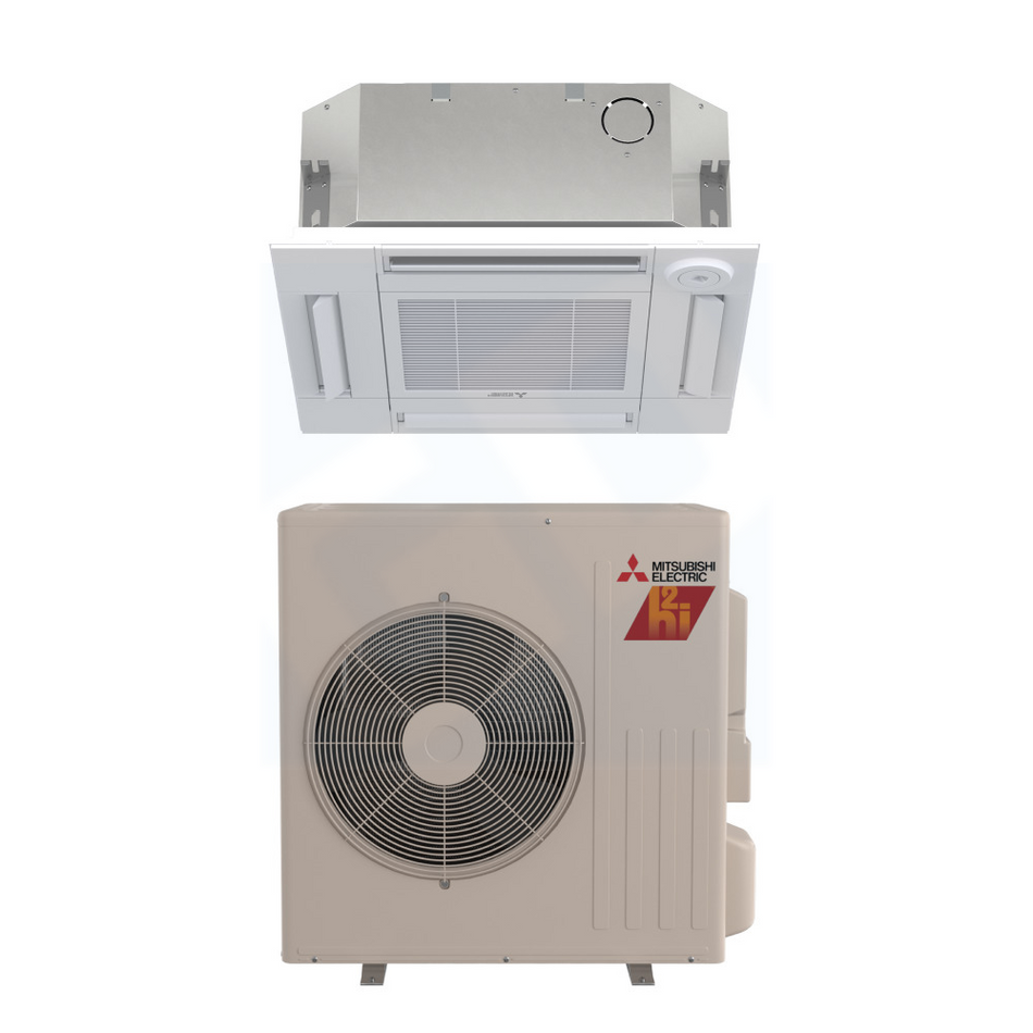 Mitsubishi SLZ-AF18NL & SUZ-AA18NLHZ 18,000 BTU 17.5 SEER2 Four-Way Ceiling Cassette Hyper-Heat System (w/ Standard Grille)
