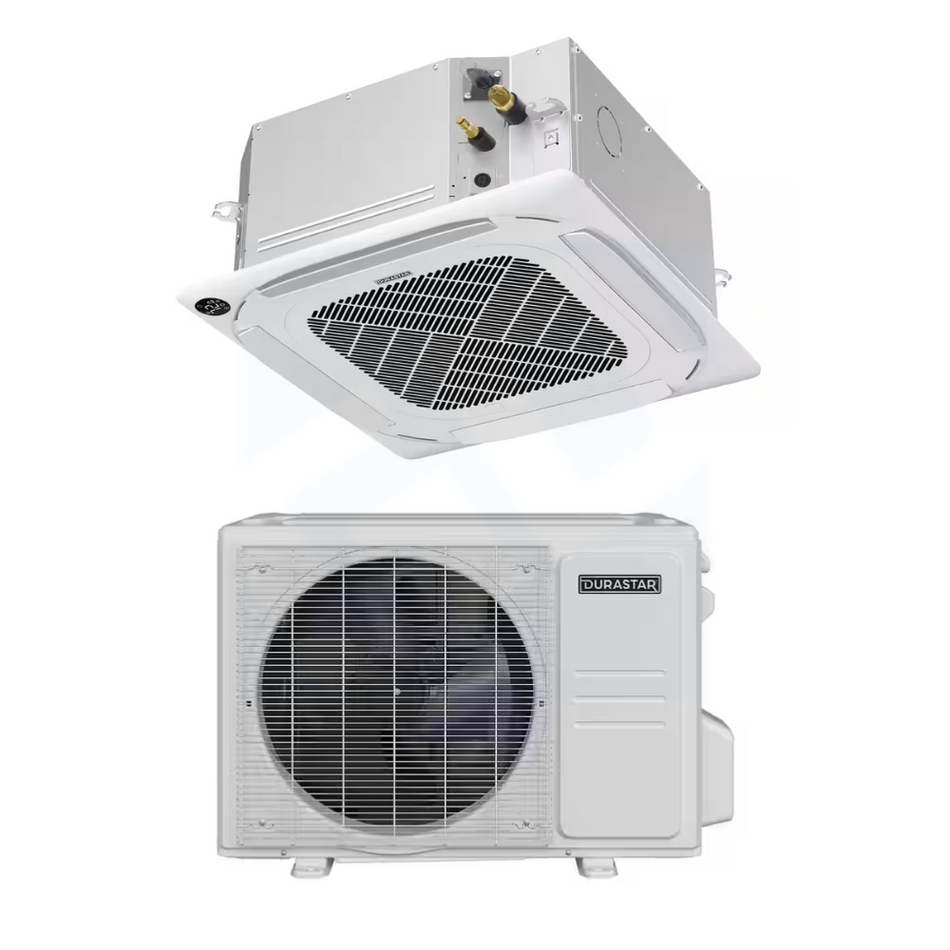 Durastar DRAC0912F2A & DRA1H12S2A 12,000 BTU 22.2 SEER2 Four-Way Ceiling Cassette Sirius Heat Heat Pump System (w/ Grille)  - R454B