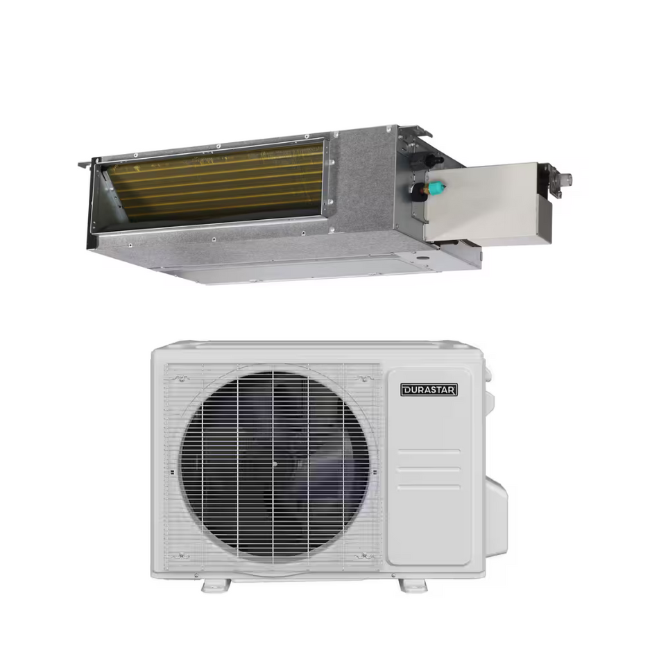 Durastar DRADL0612F2A & DRA1H12S2A 12,000 BTU 20.0 SEER2 Low Static Ducted Sirius Heat Heat Pump System - R454B